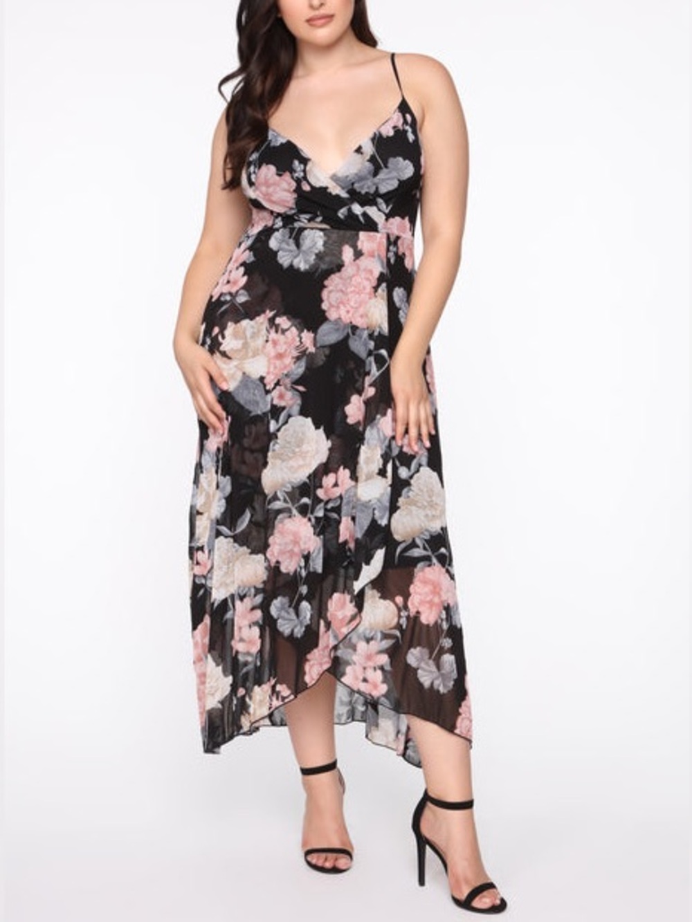 Fashion Nova Black Floral Wrap Maxi Dress with Pink & Cream Blooms